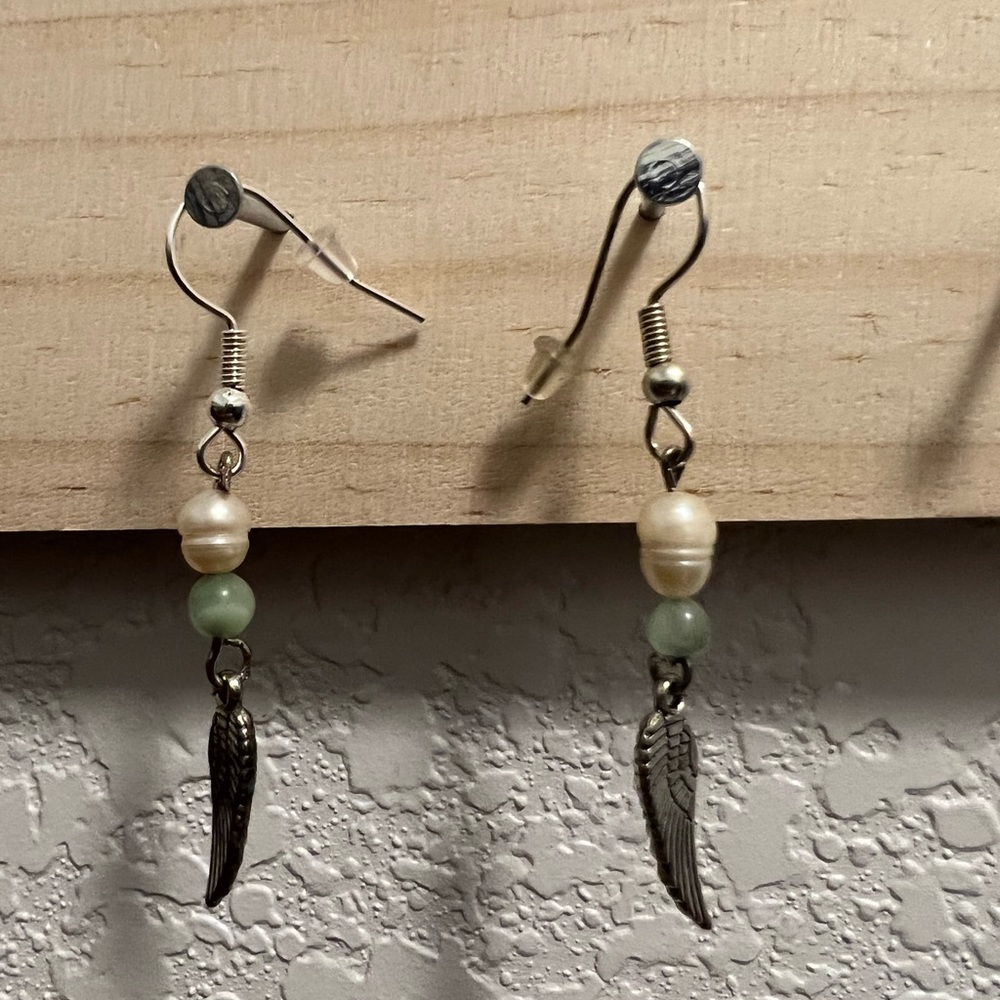 Adventrine, pearl and sterling silver sacred drop leaf earrings